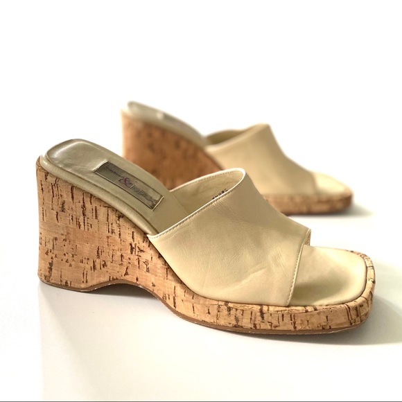 Vintage Retro Madison & Max Genuine Leather Ivory Cork Square Toe Wedge Sandal - Picture 1 of 11